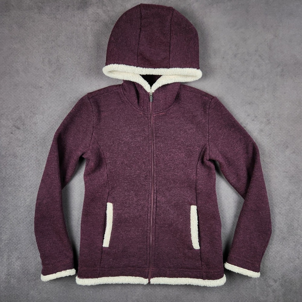 KUHL‎ Apres Hooded Jacket Girls Medium 10 Purple Full Zip Sherpa Trim Fleece